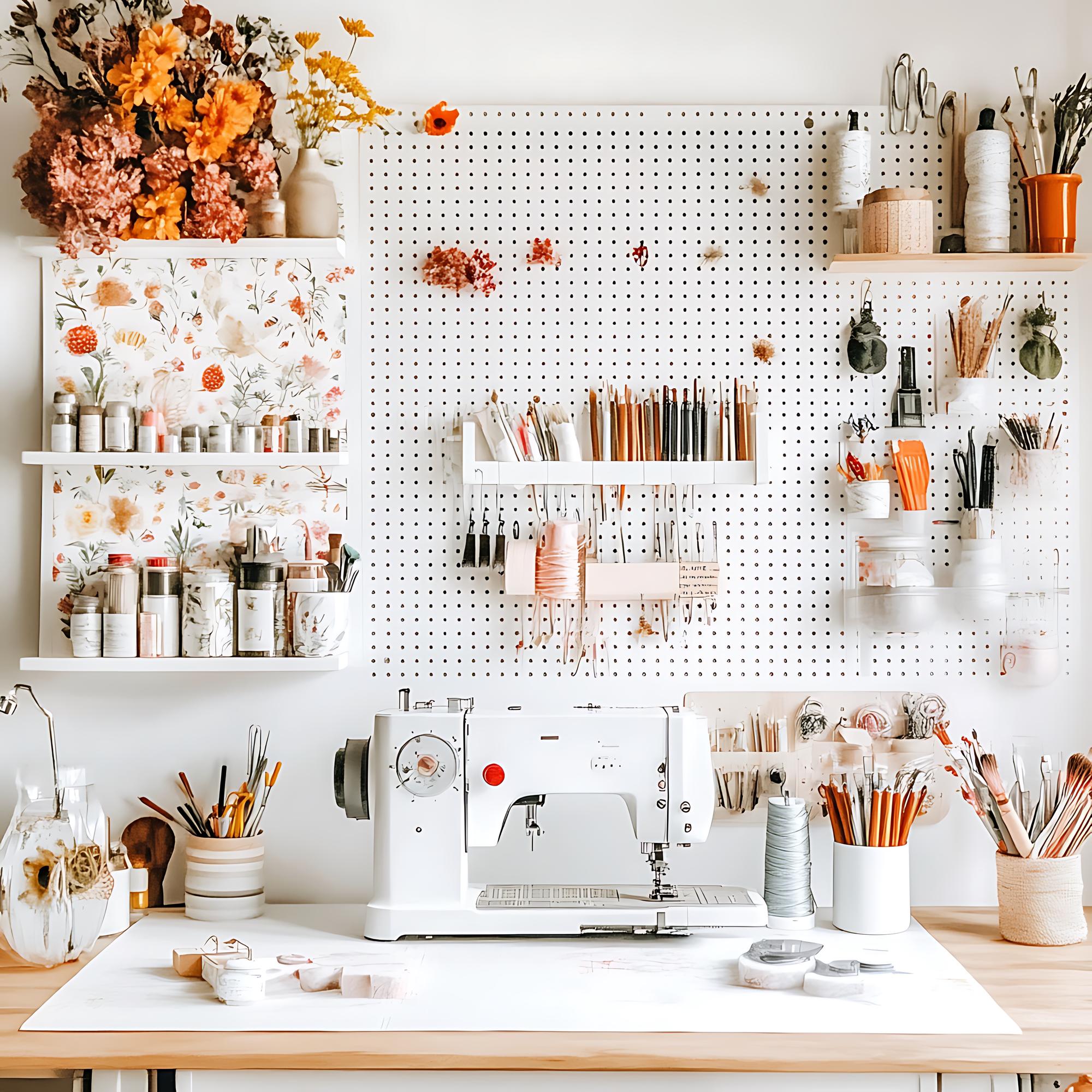 Interno atelier con tavolo da lavoro e strumenti per ricamo
